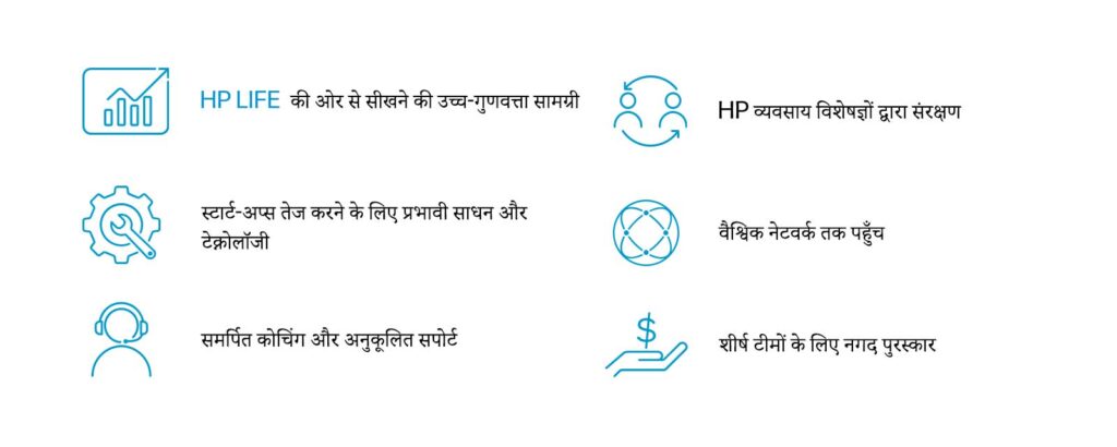 HP LIFE की ओर से सीखने की उच्च-गुणवत्ता सामग्री
स्टार्ट-अप्स तेज करने के लिए प्रभावी साधन और टेक्नोलॉजी
समर्पित कोचिंग और अनुकूलित सपोर्ट
HP व्यवसाय विशेषज्ञों द्वारा संरक्षण
वैश्विक नेटवर्क तक पहुँच
शीर्ष टीमों के लिए नगद पुरस्कार